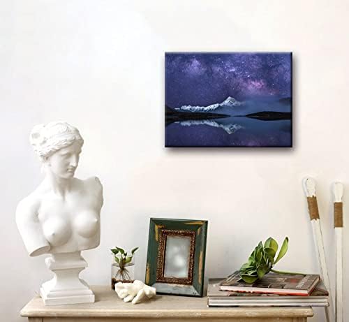 Peaceful Star Lake Landscape Wall Art For Bedroom,Starry Night Sky Over Snowy Mountain,Purple Milky Way Galaxy Scenery Decor,Giclee Canvas Print Picture, Inner Frame 12x16 Inches