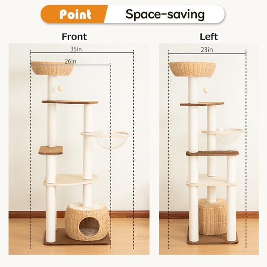 Wooden Cat Tower for Large Cats, 63ββ Modern Multi-Level Condo with Natural Wood, Indoor Cat Furniture for Medium and Big Pets (White 81007DD)