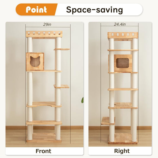 74" Wooden Cat Tree Tower for Large Cats, Multi-Level Cat Climbing Furniture with Scratching Posts, Cat Condo & Hammock, Natural Wood Cat Activity Center (White)