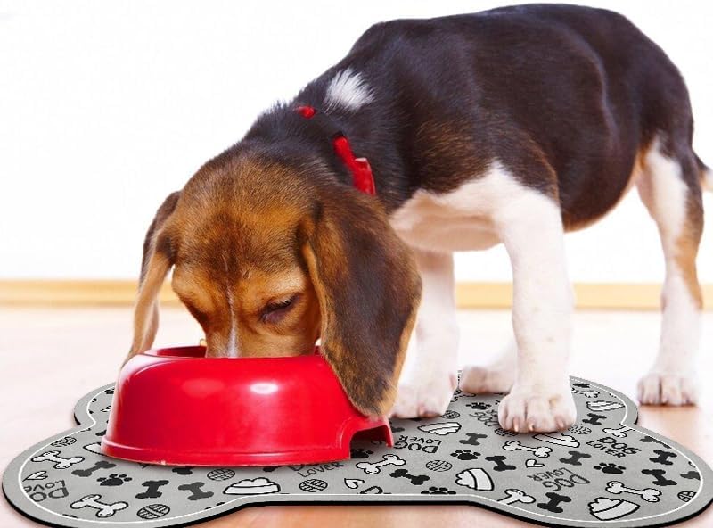 Dog Food Mats for Floors Waterproof, Pet Feeding Absorbent Water Bowl Mat Cat Placemats Gray Bone Shape 23.6 * 15.7 inch