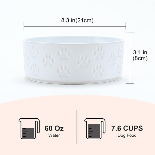 SPUNKYJUNKY Ceramic Dog Bowls 2 Pack, 8.3'' Dog Food Water Double Feeding Bowls Non-Slip for Medium to Large Sized Breed Microwave Dishwasher Safe - 60 OZ, 2pcs, Paw White