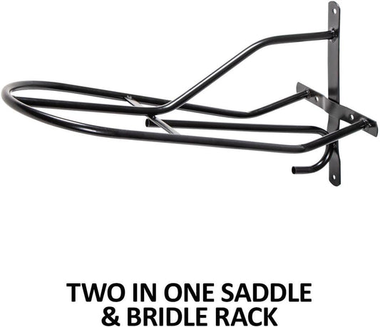 Black English & Western Saddle Rack | Organize Tack Room | Sleek and Durable | PVC Coated Steel | Mounts Easily | Includes Hook to Hold a Bridle, Helmet or Other Items