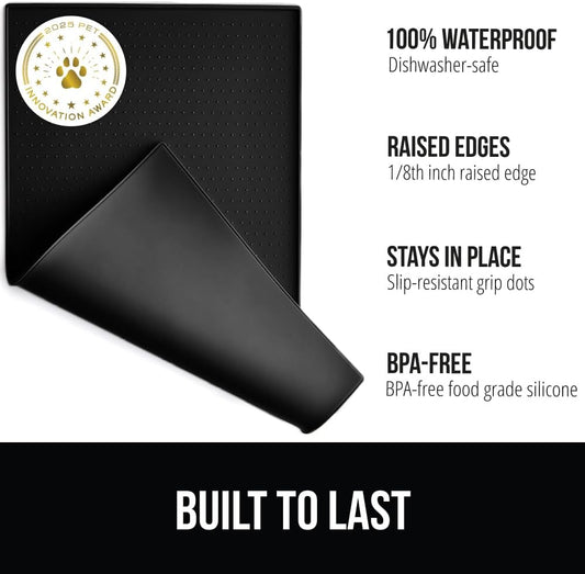 GORILLA GRIP 100% Waterproof Raised Edge BPA Free Silicone Pet Feeding Mat, Dog Cat Food Mats Contain Spills Protects Floors, Placemats for Cats and Dogs Water Bowl, Pets Accessories 18.5x11.5 Black