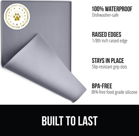GORILLA GRIP 100% Waterproof Raised Edge BPA Free Silicone Pet Feeding Mat, Dog Cat Food Mats Contain Spills Protects Floors, Placemats for Cats and Dogs Water Bowl, Pets Accessories 23x15 Gray