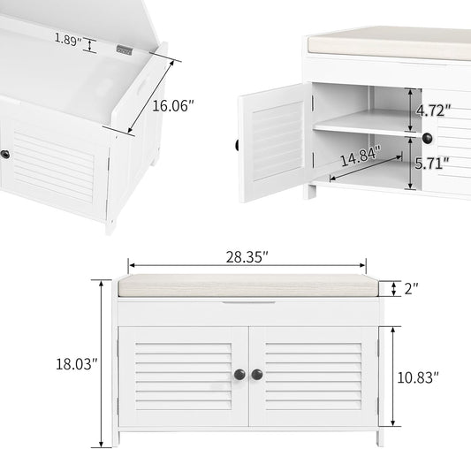 Shoe Storage Bench with Lift Top Storage, Entryway Bench with Cushioned Seat, Adjustable Shelf, 2 Tier Shoe Rack with Doors for Entryway, Bedroom, Hallway, Mudroom, White