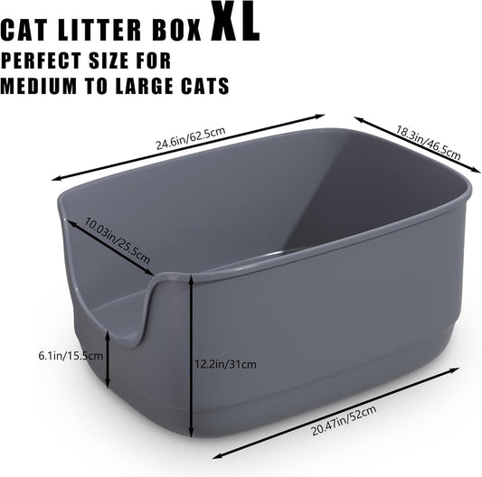 Gefryco Large Cat Litter Box with High Sided 24.6"x18.3"x12.2" - Jumbo Extra Large Open Anti - Splashing High Wall for Multiple Cats (Grey)