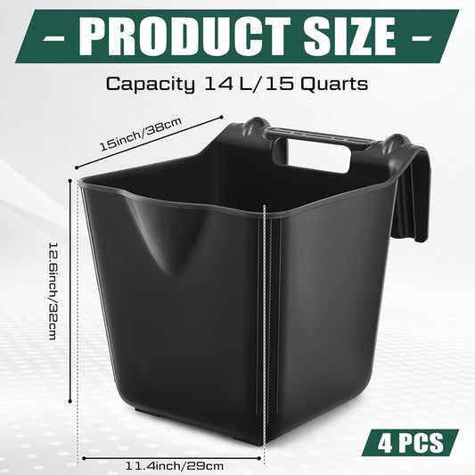 4 Pack 15 Quart Horse Feeders for Stall Hook Over Hanging Fence Hay Feeder Mountable Livestock Plastic Feed Bucket for Farm Stalls Pasture, Stable to Feed Horses Sheep Cattle Cows Etc(Black)