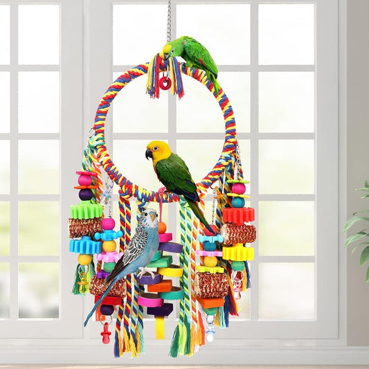 Bird Toys Bird Rope Ring Swing Perch with Corn Cob Cardboard Bagels Wooden Blocks Chewing Toys for Parakeets,Cockatiels,Conure,Lovebirds,Finches and Other Small-Sized Birds
