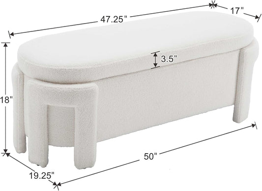 Kmax 50" Storage Ottoman Bench Modern Faux Fur Boucle Entryway Bench Comfy Upholstered End of Bed Bench for Hallway Entrance Bedroom Corner, White