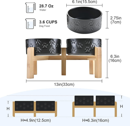SPUNKYJUNKY Elevated Dog Bowls Ceramic, 6.1'' Dogs and Cat Food Water Bowls Raised with Non-Slip Bamboo Stand for Medium Sized Breed Microwave Dishwasher Safe - 28.7 OZ,Paw Black