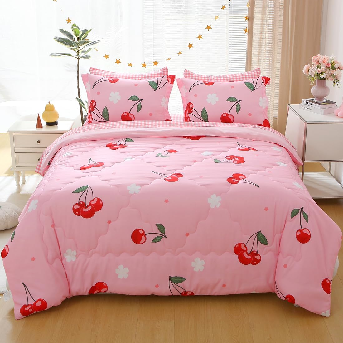 Girls Cherry Comforter Bedding Set Twin Size 7 Piece Pink Kawaii Oriental Cherry Comforter Set Bed in A Bag for Kids Teens All Season (Comforter,Flat Sheet,Fitted Sheet and Pillow Sham)