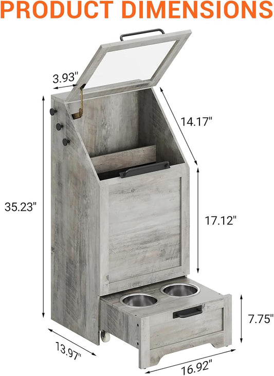 Dog Feeding Station with Storage Cabinet, 2 Elevated Bowls, FILP Top Food Storage Cabinet Container, Pet Feeding with 3 Hooks, Farmhouse Dog Feeder Station, Grey