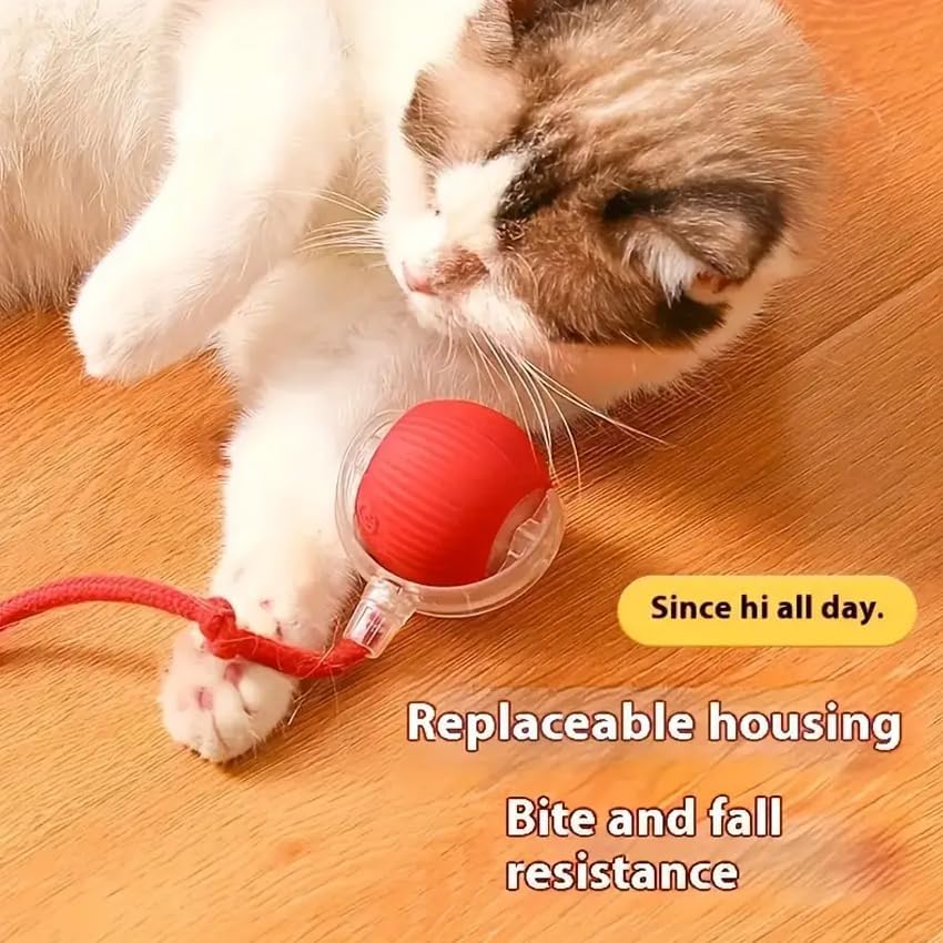 Cat Toy Ball with Tail Rope, Smart Rolling Ball, LED Light, Electric Self-Rolling Pet Toy, Interactive Cat Jumping Ball, Automatic Cat Teaser Ball, Small Dog Toy, Pet Excercise, Cat Activity (Red)