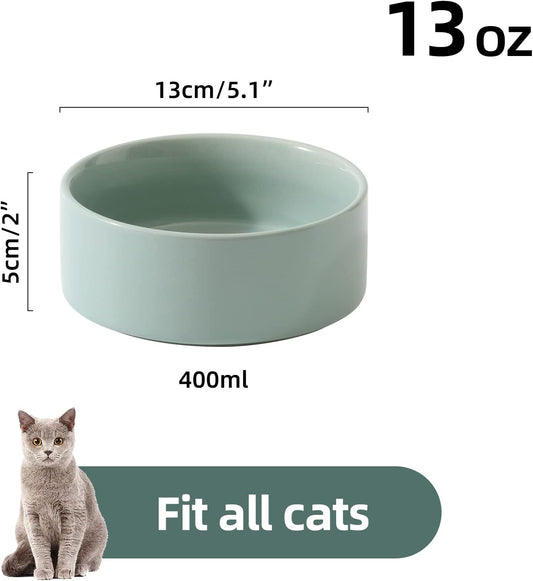 Ceramic Set of 2 Cat Bowls, Food and Water Bowls for Cats, Kitty, 2pcs Cat Dishes, Pet Feeder(5.1inch, 2 x Light Green Bowls)