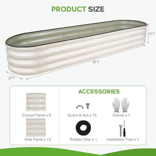 Galvanized Raised Garden Bed - 8Γ2Γ1ft Planter Raised Beds for Gardening | Oval Metal Garden Planter Box with Safety Edging and Bracing Rods for Vegetables Fruits and Flowers (White)