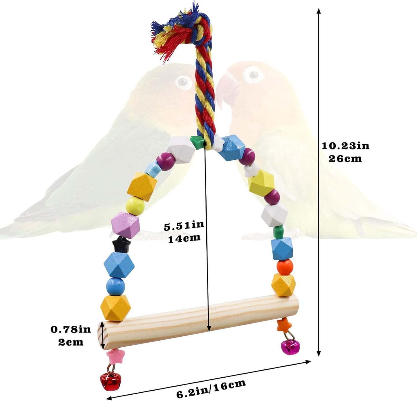 2 Pack Bird Swing, Hanging Colorful Wooden Parrot Perch Stand Toy, Bird Cage Accessories, Suitable for Small to Medium Birds Parrots Parakeets Cockatiels Conure Budgies Love Birds