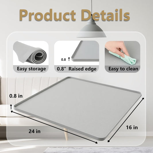 Waterproof Silicone Mat with Raised Edges 24x16 Inch, Water Cooler Mat & Countertop Protector for Hardwood Floors, Non-Slip Kitchen Appliance Pad for Pets Cats Dogs Feeding Bowls, Easy to Clean (Gray)