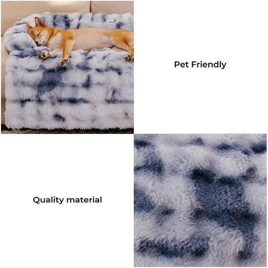 FUNNY FUZZY Pet Fluffy Fuzzy Couch Cover, Calming Washable Dog Bed Sofa Protector Pets Mat for Small Medium Dogs and Cats (Tie-dye Blue,33.45 Γ 28.35 Γ 5.51 in)