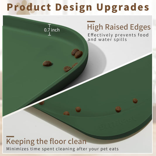 Silicone Pet Feeding Mat with Raised Edge & Residue Collection Pocket for Food and Water, Dog Bowl Mats, Cat Bowls Placemat with High Lip for Floor Waterproof, 19 x 12 x 0.7 Dark Olive