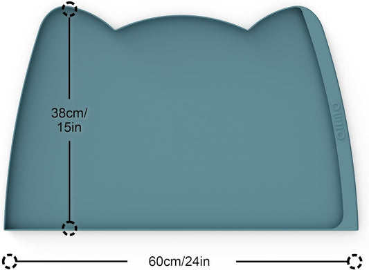 OHMO Dog Food Mat(Light Blue, 24 * 15'') w/Residue Collection Pocket Silicone Pet Feeding Mat for Floor High Edges Anti Spills Waterproof Cat Water Bowl Tray, Easy Clean Placemat