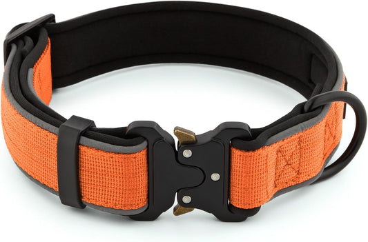 Plutus Pet Tactical Dog Collar, Reflective, Adjustable Heavy Duty Dog Collar, Soft Padded and Comfortable, for Small Medium and Large Dogs (Orange, L)