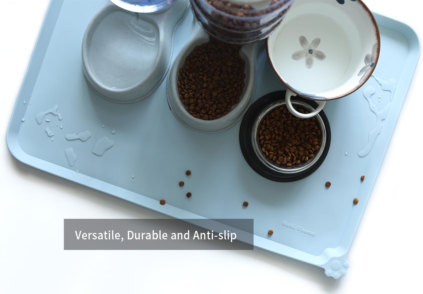 Hoki Found X-Large Silicone Pet Food Mats - Non Slip Dog Cat Bowl Placemat - Waterproof Dog Cat Food Mats for Carpet - Frost