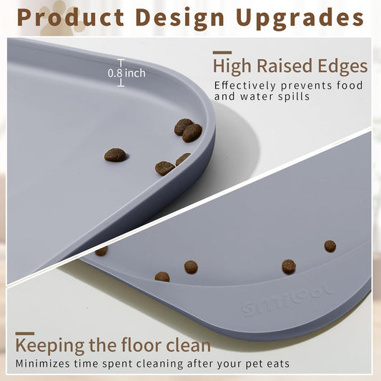 Silicone Pet Feeding Mat with Raised Edge & Residue Collection Pocket for Food and Water, Dog Bowl Mats, Cat Bowls Placemat with High Lip for Floor Waterproof, 24 x 16 x 0.8 Light Gray