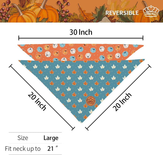 CROWNED BEAUTY Fall Dog Bandanas Reversible Large 2 Pack, Leaves Pumpkin Charm Set, Blue Orange Adjustable Triangle Holiday Scarves for Medium Large Extra Large Dogs Boy Girl Pets DB186-L