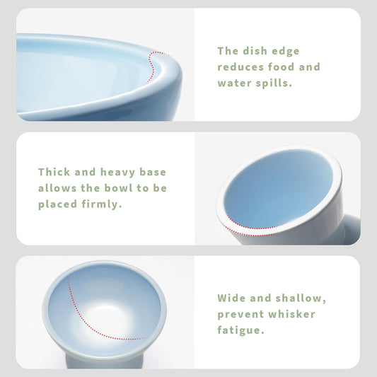 Extra Wide Elevated Ceramic Cat Bowl, 6.2" Shallow Dish for Whisker Fatigue Relief, 5" Height for Easy Feeding, Durable Raised Cat Food Bowls, Pack of 2, Blue