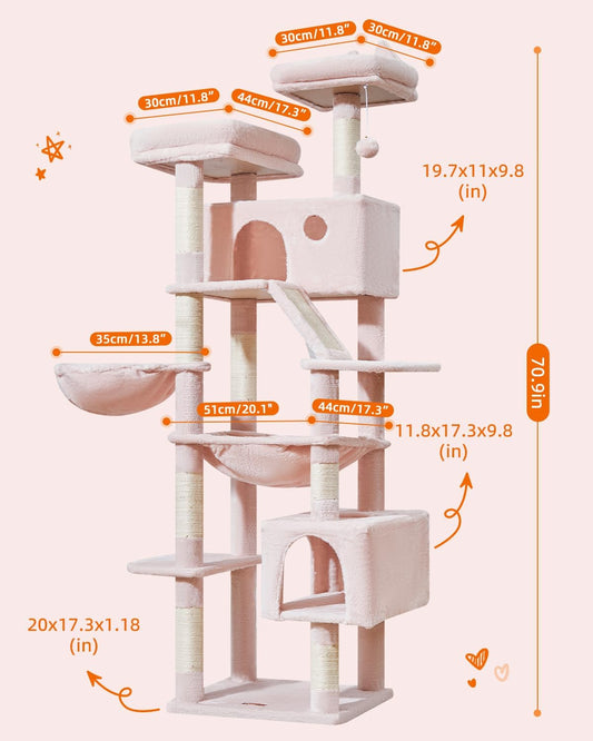 Taoqimiao Cat Tree 71-Inch, Cat Tower for Indoor Cats Large Adult, Multi-Level Large Cat Condo, 8 Sisal Scratching Posts, Metal Frame Cozy Hammock, Scratch Board, 2 Top Perches, Jelly Pink MS026LP
