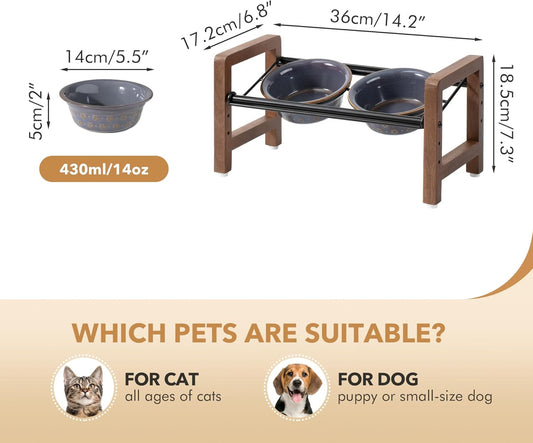 5.5inch Ceramic Adjustable Raised Double Bowls Set with Stand, 3 Heights Elevated, 2 Placement Options, Food and Water Dishes for Puppy, Catsļ¼Double Bowls+Stand, Reactived Glaze -Grey
