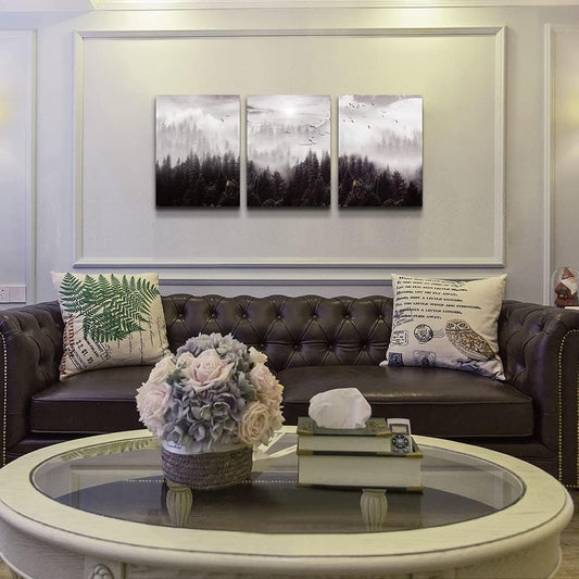 Framed Canvas Art - Boho Wall Decor Set of 3: Foggy Forest Trees Scenery for Living Room, Bedroom, Office, Farmhouse, Home Decoration