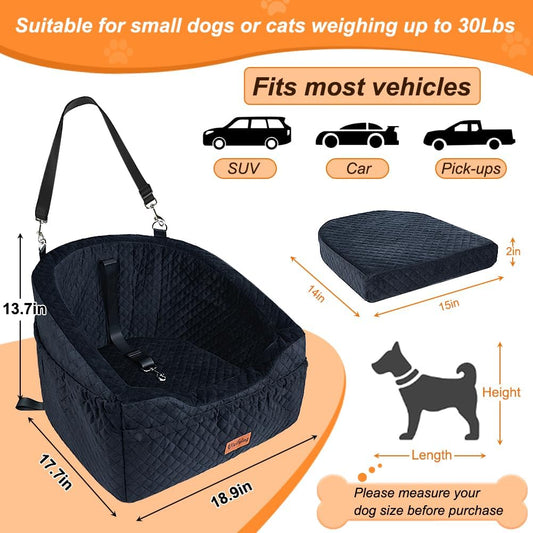 Vivifying Dog Car Seat for Small & Medium Dogs, Detachable & Washable Booster Seat for Pets Up to 30lbs, Travel Bed with Storage Pockets and Safety Belt β Black