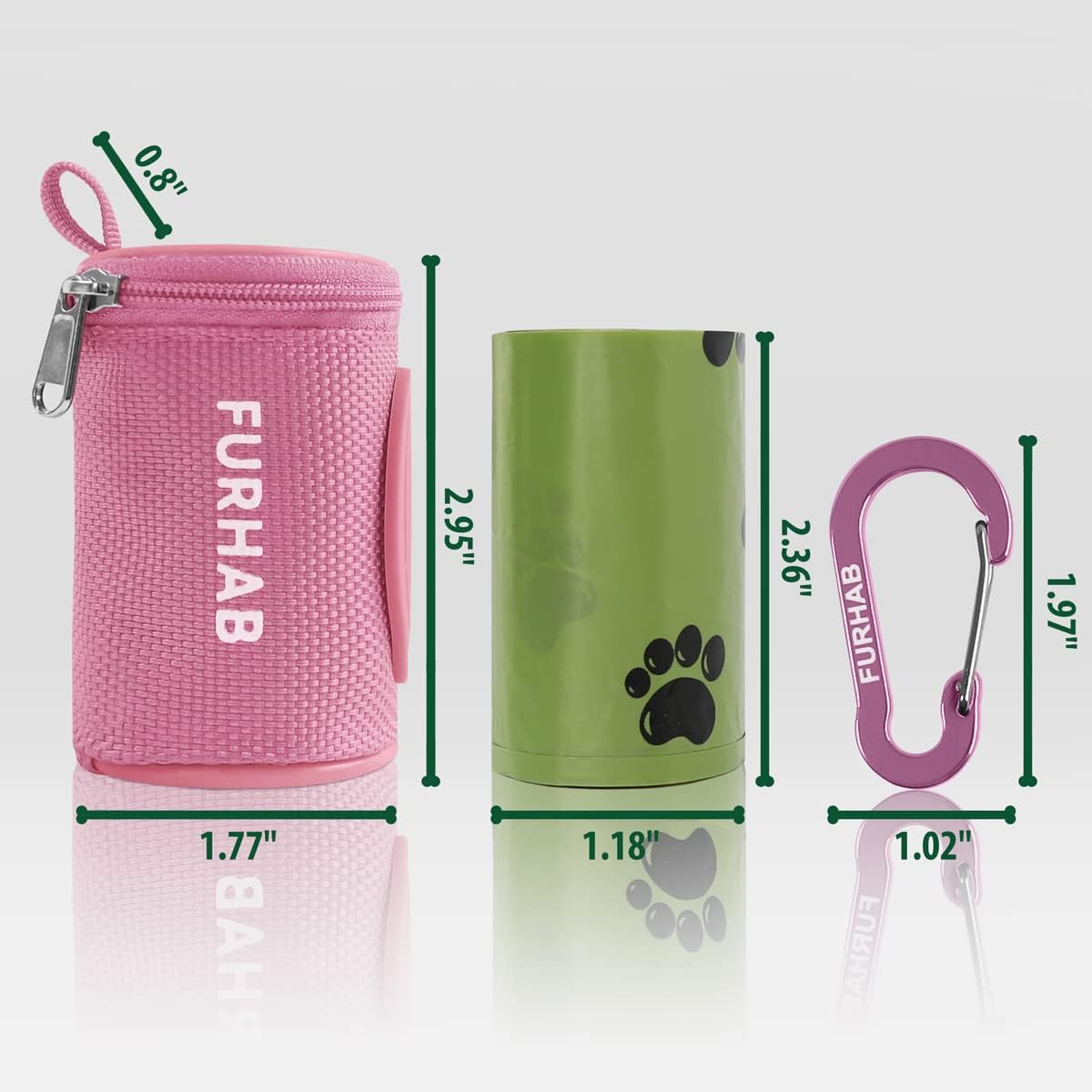 Dog Poop Bag Holder for Leash Doggie Waste Bag Dispenser Soft Fabric Puppy Potty Carrier Small Doggy Zipper Pouch with Carabiner Clip 1680D Nylon Oxford with 1 Roll of Pet Trash Bags, Pink