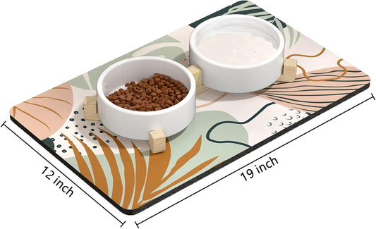 Rnivvi Dog Food Mat, 12" x 19" Boho Absorbent Dog Cat Bowl Mat for Food and Water, Cute Anti-Slip Rubber Pet Feeding Rug Protect Floors, Puppy Placemat for Feeding & Watering Supplies, Tropical Leaves