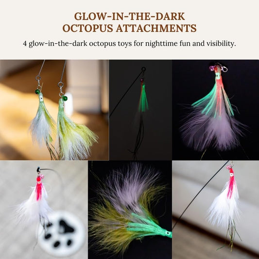 Cat Wand Toy with Round Base – Interactive Feather & Glow-in-The-Dark Octopus Attachments – Suction Cup Cat Toy for Indoor Cats & Kittens