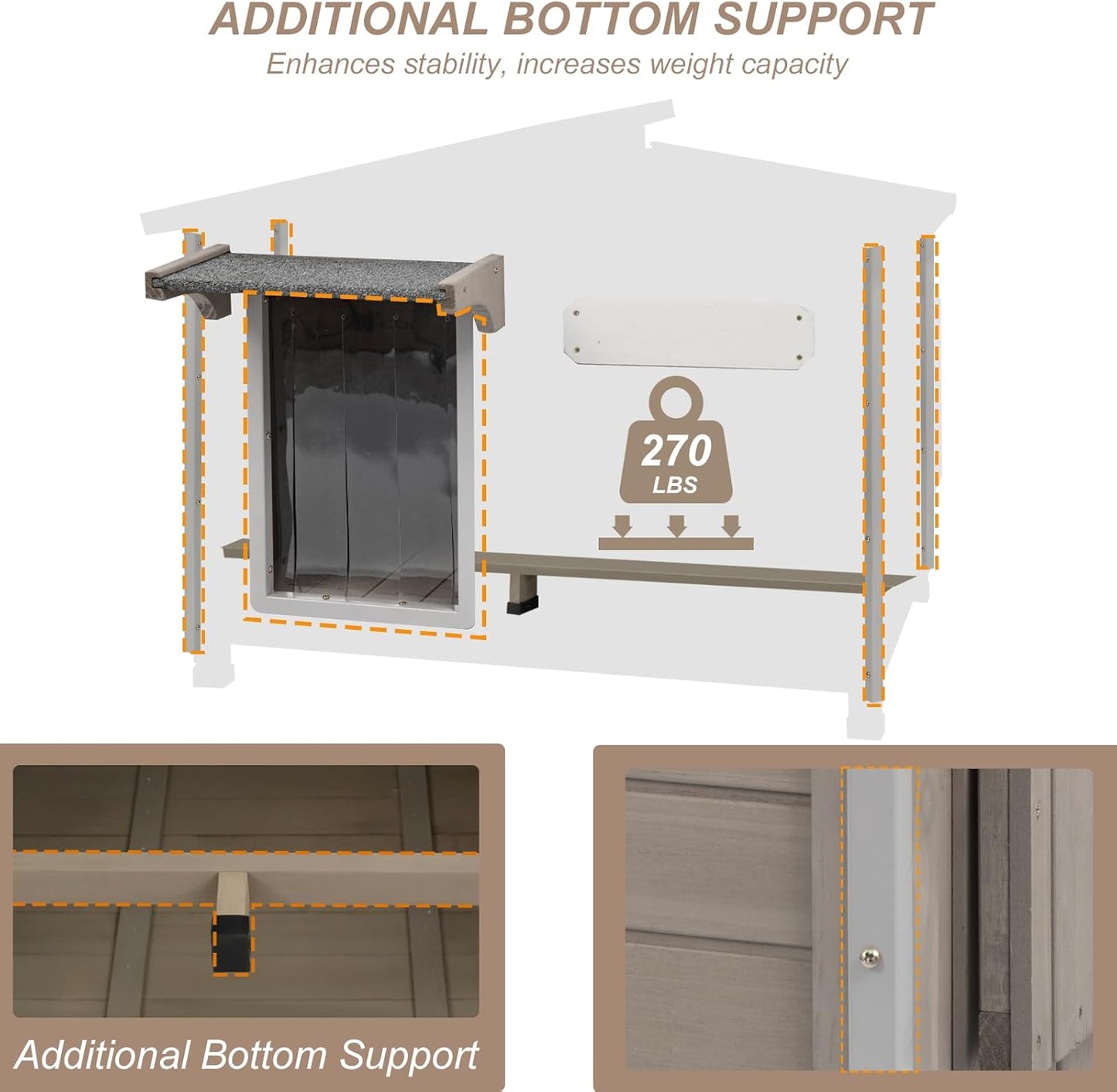 43" L Outdoor Extra Large Dog House with Removable Floor, Raised Feet, Anti-Chewing Iron Frame – Wooden Kennel with Asphalt Roof, Window for Indoor/Outdoor Use, Ideal for Medium to Large Dogs