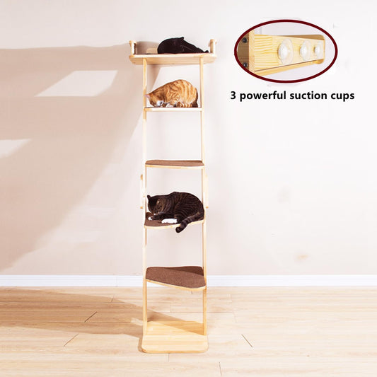 Modern 70ā Tall 6 Level Leaning Cat Climbing Ladder Tree Tower Condo with Large Perch Platform for Window Wall, Solid Wood Cat Furniture Shelves for Multiple Cats