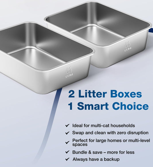 2 Pack Stainless Steel Cat Litter Box, 23.4" LΓ15.6" WΓ7.8" H, Metal Kitty Litter Box with High Sided for Big Cats, Non-Stick, Easy to Clean, Odor-Free