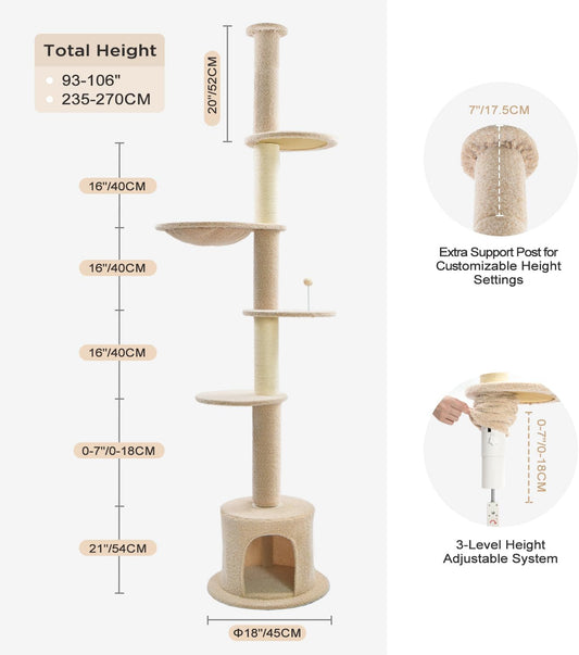 Made4Pets Floor to Ceiling Cat Tree 93-106'',Tall Cat Tower 5 Tiers, Adjustable Height, Stable Cat Tree Tower with Scratching Posts, Fluffy Condo, Hammock and Ball Toy for Indoor Cats/Kitten, Beige