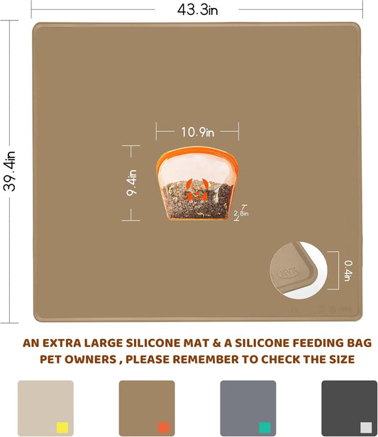 KVK Extra Extra Large Silicone Dog Food Mat 39.4×43.3in and 128oz Silicone Bag Set, Super Size Waterproof Pet Feeding Mat & Container, Non-Slip, Chew-Resistant Floor Protection (Taupe&Orange)