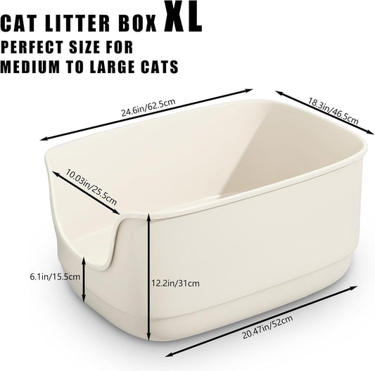 Gefryco Large Cat Litter Box with High Sided 24.6"x18.3"x12.2" - Jumbo Extra Large Open Anti - Splashing High Wall for Multiple Cats (White)