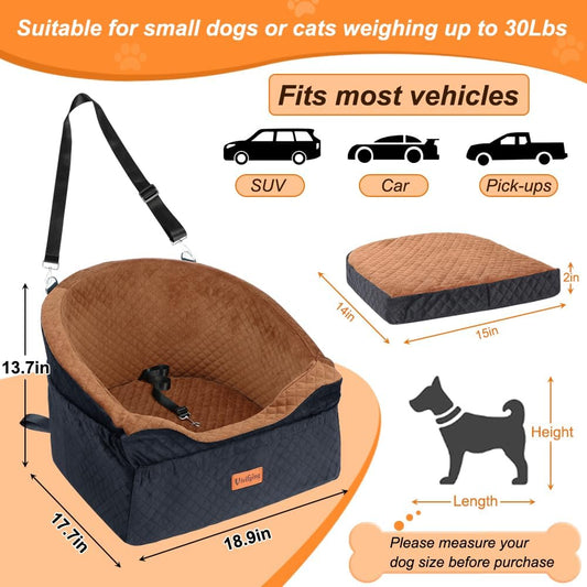 Vivifying Dog Car Seat for Small & Medium Dogs, Detachable & Washable Booster Seat for Pets Up to 30lbs, Travel Bed with Storage Pockets and Safety Belt β Brown&Black