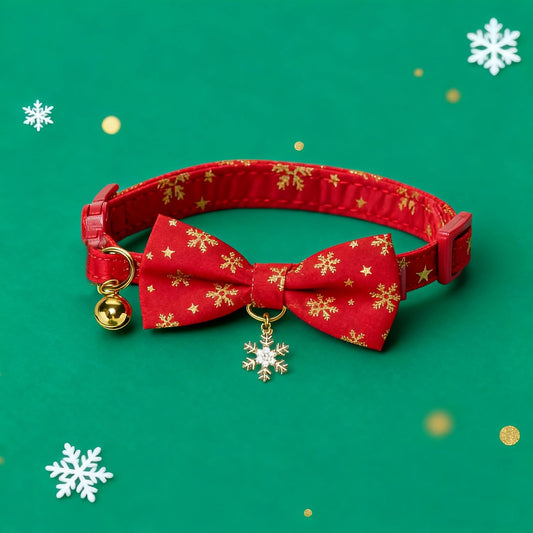 Christmas Cat Collar 2 Pack Cotton Bowtie Cat Collars Glittery Snowflakes Cute Kitten Collar(Red+Green)