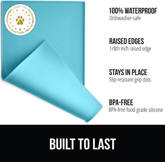 GORILLA GRIP 100% Waterproof Raised Edge BPA Free Silicone Pet Feeding Mat, Dog Cat Food Mats Contain Spills Protects Floors, Placemats for Cats and Dogs Water Bowl, Pets Accessories 32x24 Turquoise