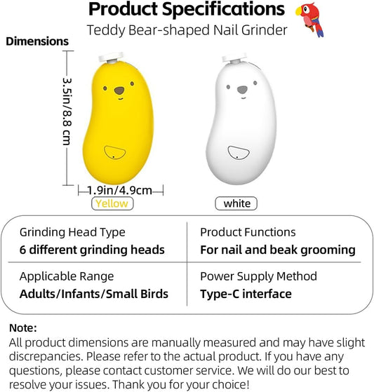 MANON ROSA Bird Nail Grinder, Bird Beak Grinder- Safe and Quiet Bird Nail Care Tool, Complete Grooming Kit for Parrots Conures Cockatiels Finches Parakeets, Premium Beak Maintenance (White)