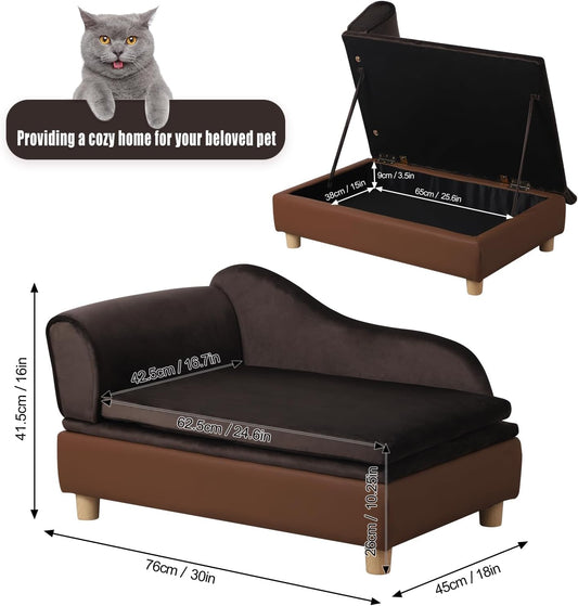 Pet Bed Sofa, Puppy Bed with Storage, Small Dog Couch with Removable & Washable Cushion, Comfy Pet Couch Bed for Cats & Puppy (Brown)
