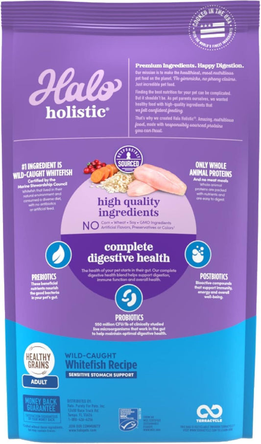 Halo Holistic Cat Food Wild Caught Salmon & Whitefish Formula, Healthy Grains Dry Cat Food, For Sensitive Stomach Support, Kibble for Adult Cats, 3 lb Bag