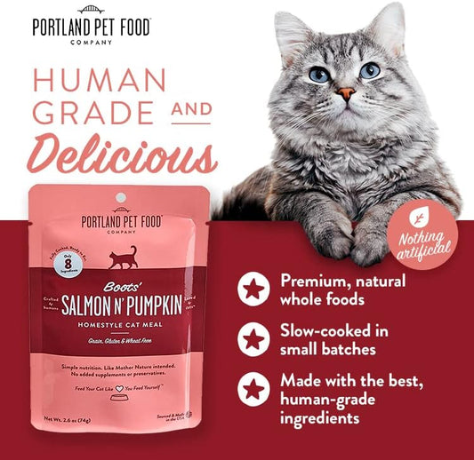 Human-Grade Mixed Variety Pack Wet Cat Food Pouch β Moist, Soft Cat Food Mixer, Topper, and Rotational Meal (6 Chicken, 6 Salmon) by Portland Pet Food Company