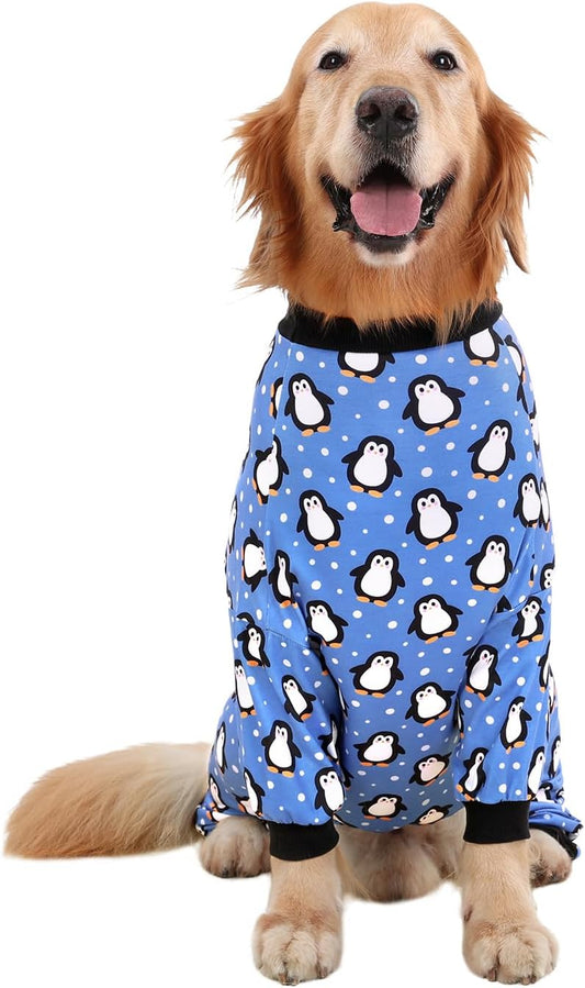 HDE Dog Pajamas One Piece Jammies Jumpsuit Pet Clothes Outfit Stretchy Lightweight Comfy Shirt Pjs for M-3XL Dogs Penguin Polka Dots - XL
